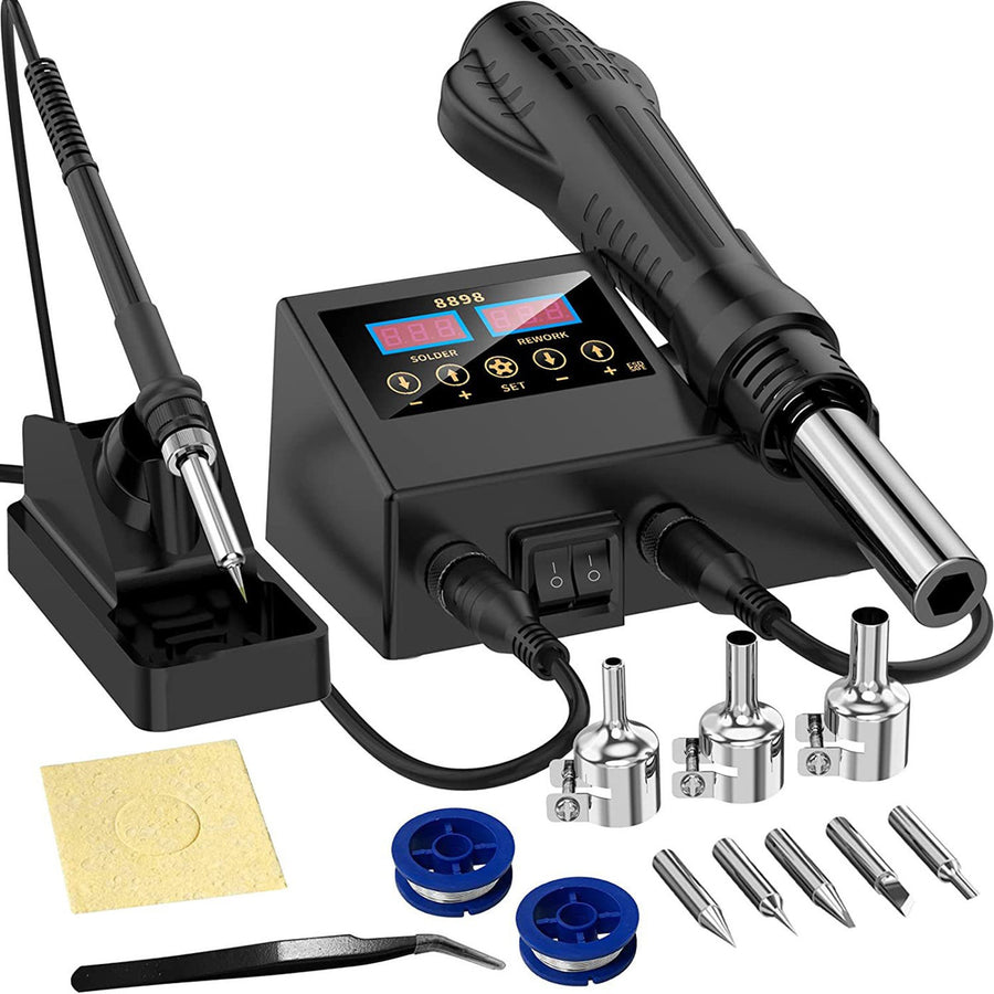 2-in-1 soldering station kit 8898: digital display station, iron, hot air gun, 3 nozzles, 5 tips, tweezers, 2 reels of solder and sponge