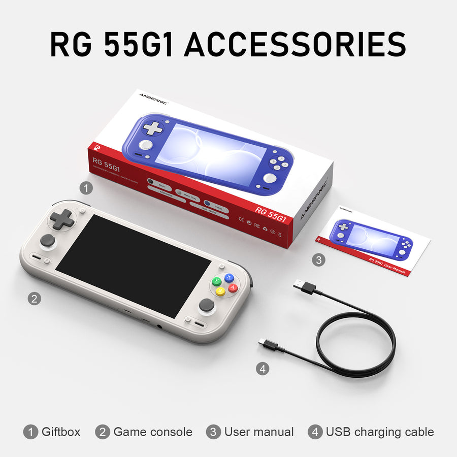 Anbernic RG 55G1 coloris gris rétro avec sa boîte, sa notice et son câble USB-C