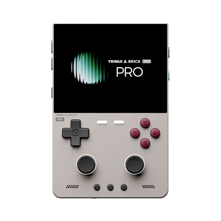 Console TrimUI Brick Pro coloris gris rétro à boutons bordeaux, vue de face