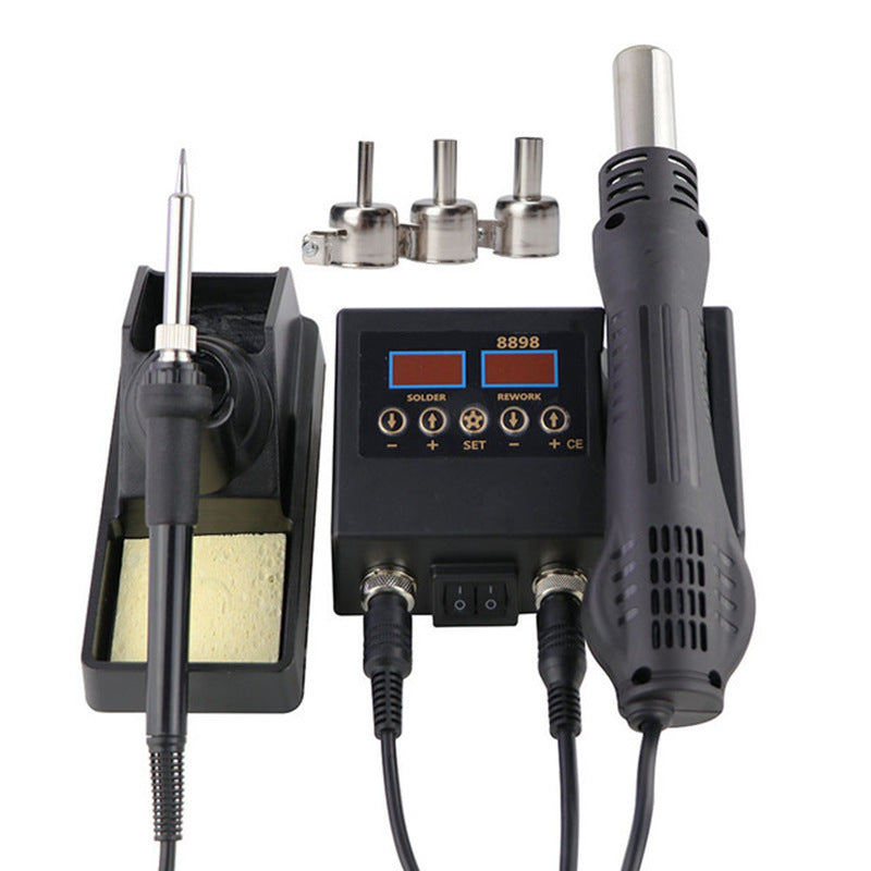 8898 2-in-1 soldering station, front view, with iron stand, hot air gun and 3 nozzles