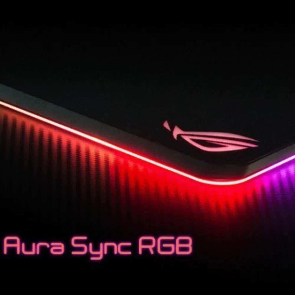ROG Balteus Qi gaming mouse pad with customizable Aura Sync RGB lighting effects.