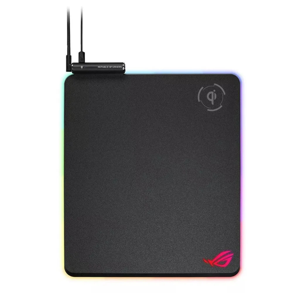 ROG Balteus Qi RGB gaming mouse pad with Qi charging and customizable lighting effects.