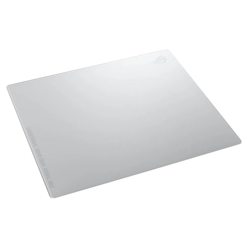 ROG Moonstone Ace L Blanc gaming mouse pad, tempered glass surface, anti-slip base, ultra-smooth finish.