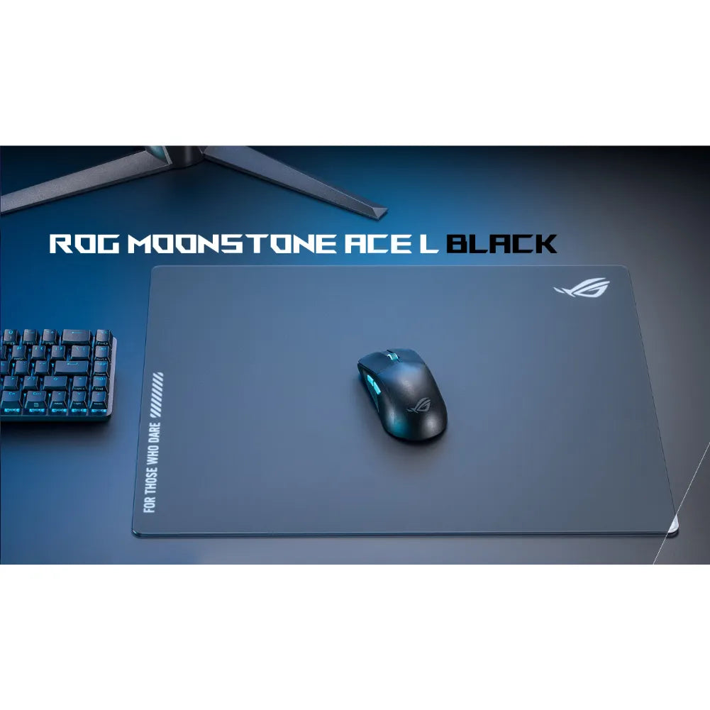 ROG Moonstone Ace L Noir tapis de souris gaming en verre trempé avec souris et clavier.