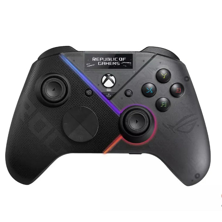 Manette ROG Raikiri Pro avec écran OLED, compatible Xbox et PC, boutons personnalisables et design ergonomique.