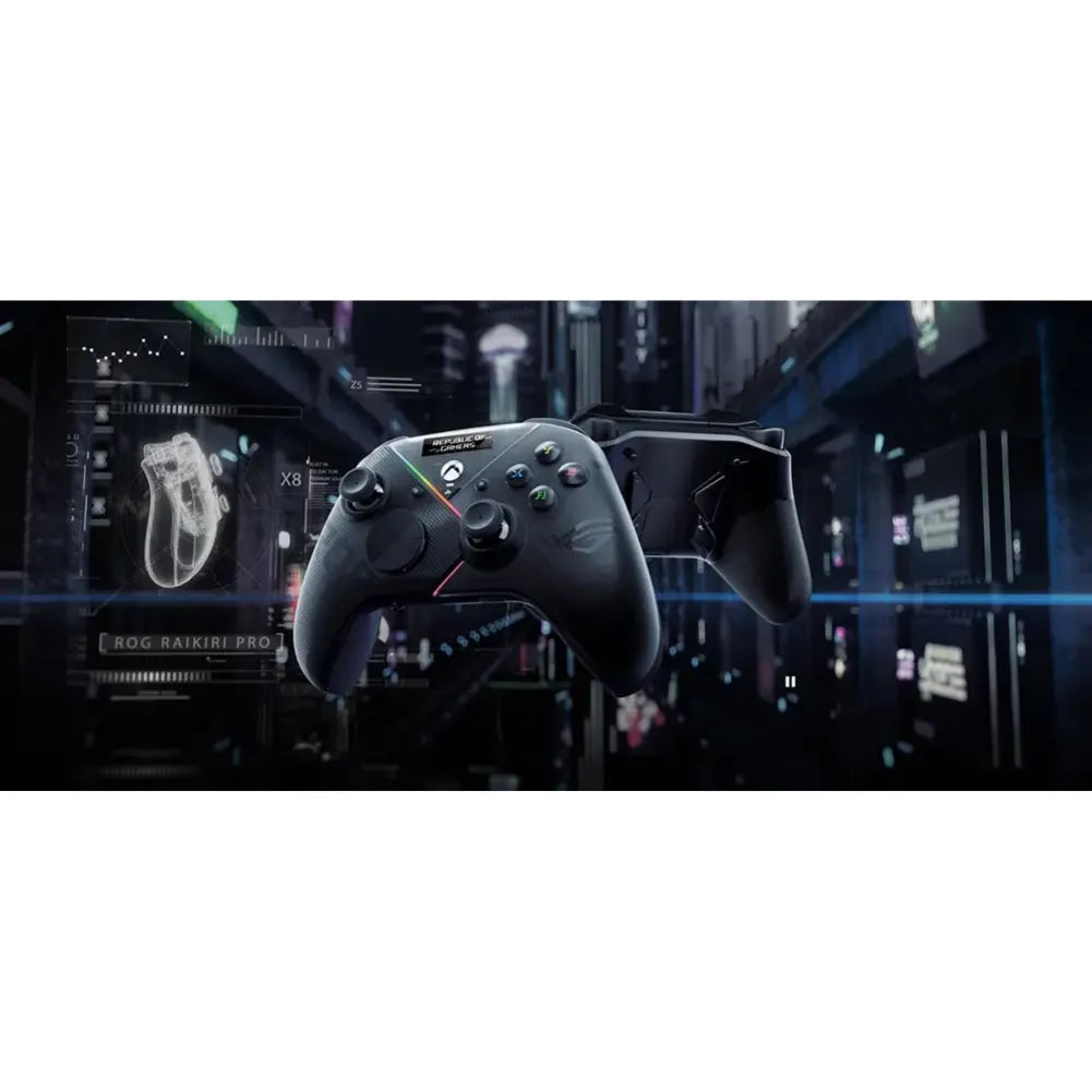 Manette ROG Raikiri Pro avec écran OLED, conçue pour Xbox et PC, offrant un contrôle total et audio immersif.