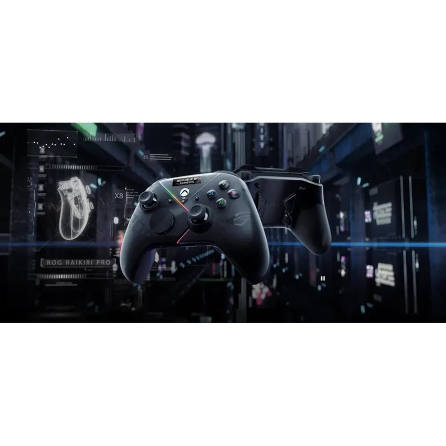 Manette ROG Raikiri Pro avec écran OLED, conçue pour Xbox et PC, offrant un contrôle total et audio immersif.