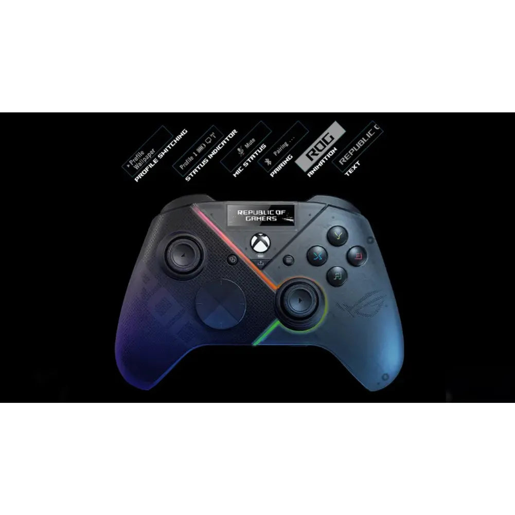 Manette ROG Raikiri Pro tri-mode avec écran OLED, compatible Xbox et PC, boutons personnalisables.