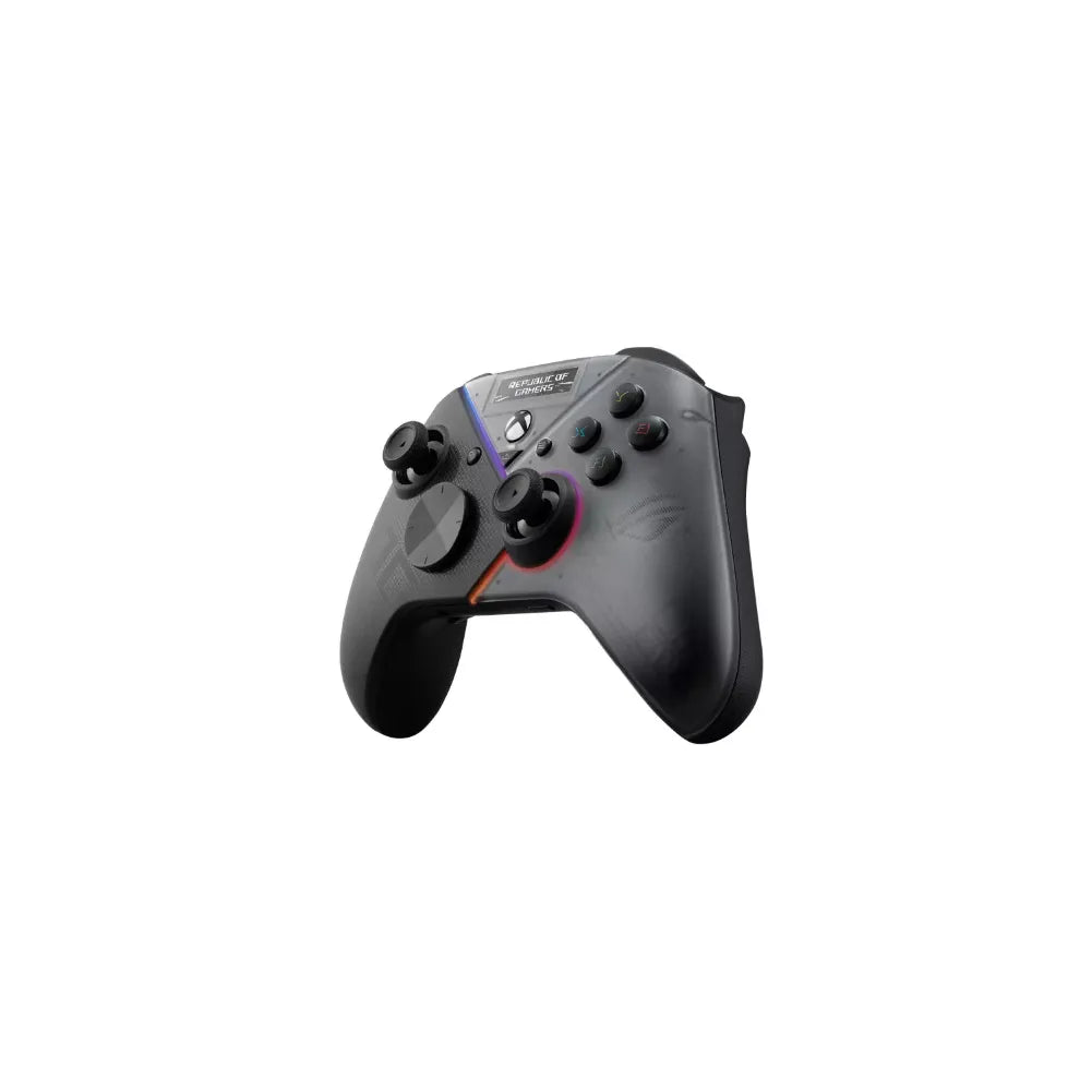 Manette ROG Raikiri Pro, tri-mode avec boutons programmables et écran OLED, compatible Xbox et PC.