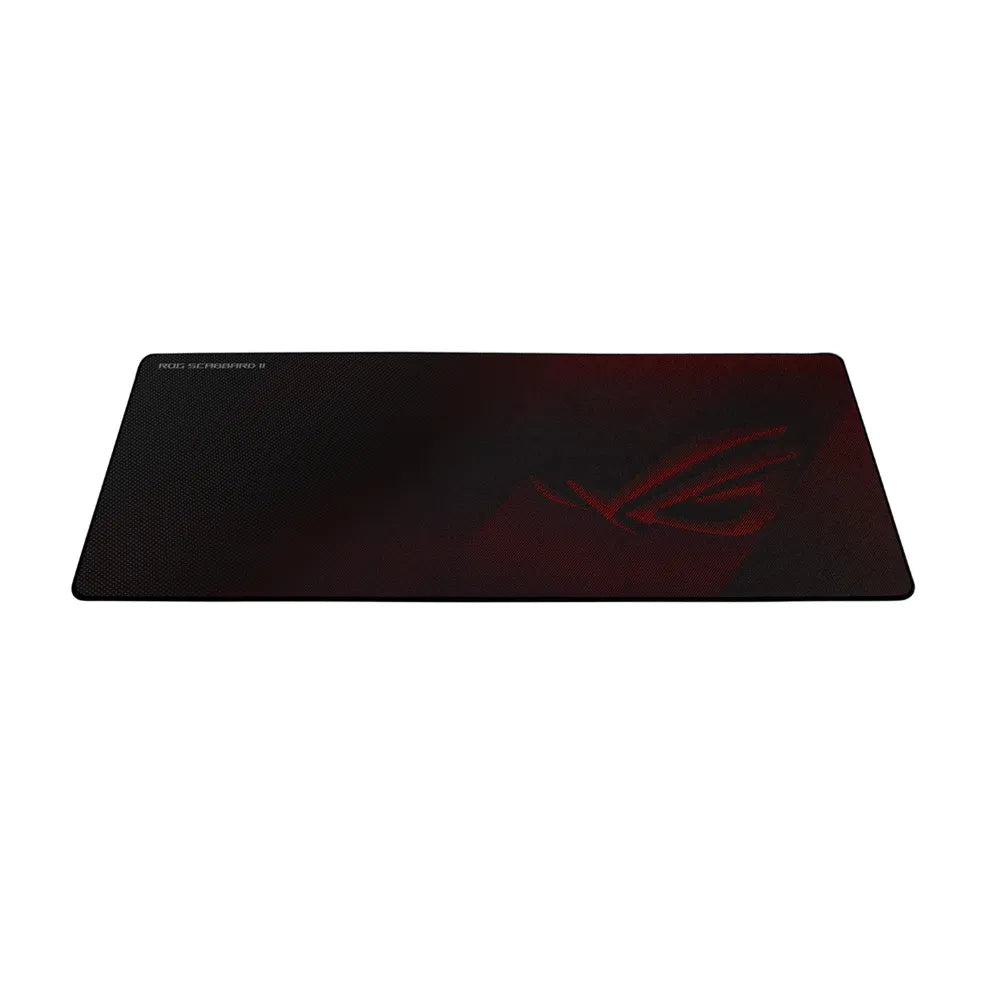 ROG Scabbard II XXL gaming mouse pad in black with red accents, featuring a durable and hydrophobic surface.