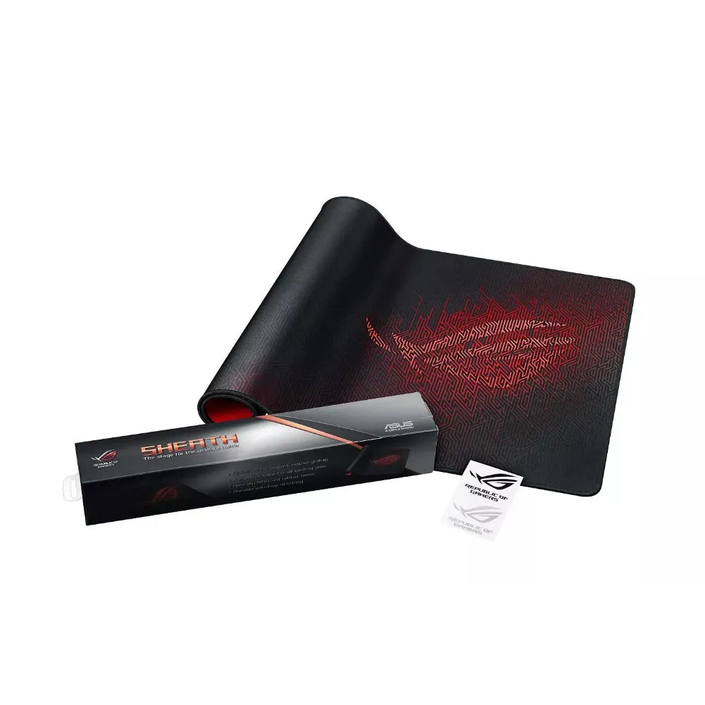 ROG Sheath XXL gaming mouse pad, featuring a textured surface and anti-slip base, packaged for optimal performance.