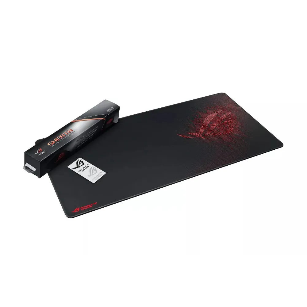 ROG Sheath XXL gaming mouse pad with anti-slip base, reinforced stitching, and packaging.