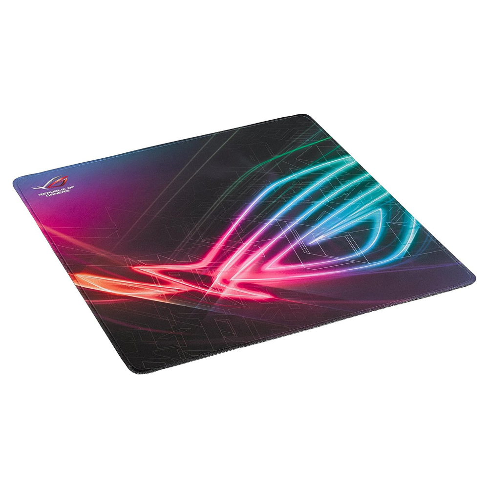 ROG Strix Edge gaming mouse pad, ergonomic design with textured surface and vibrant neon graphics.