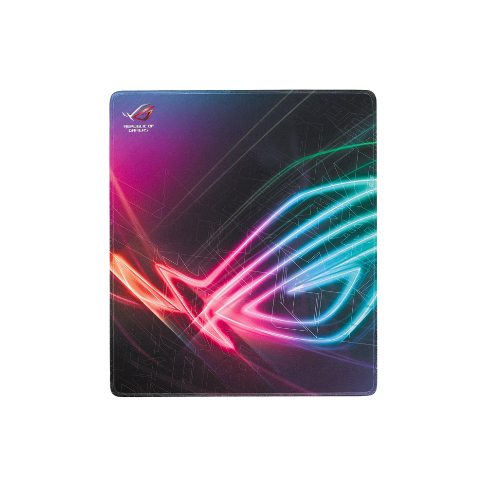 ROG Strix Edge gaming mouse pad with vibrant neon design and ergonomic texture for precision tracking.