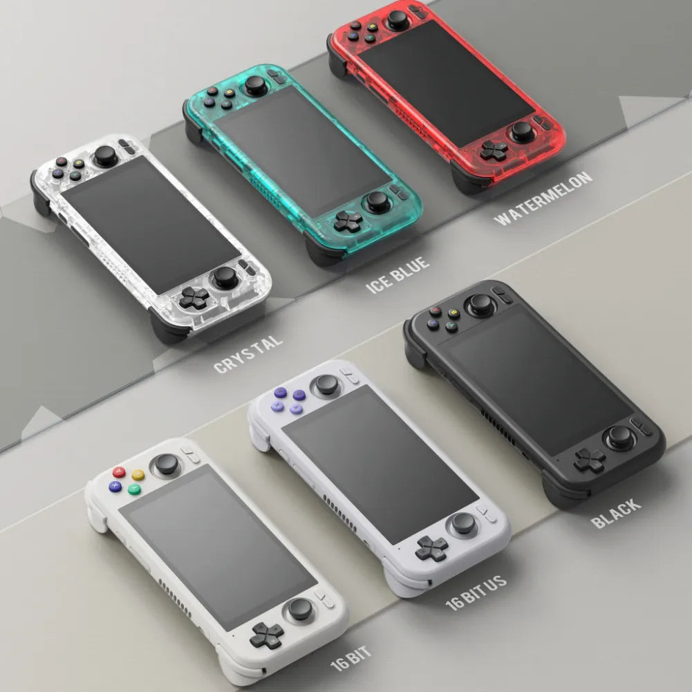 Retroid Pocket 4 Pro en quatre couleurs : Crystal, Ice Blue, Watermelon et Black, montrant le design du console.