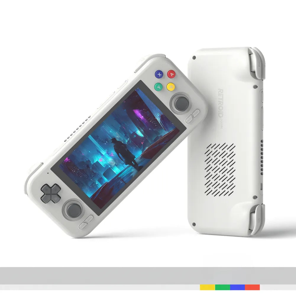 Retroid Pocket 4 Pro en blanc avec écran de jeu 4,7" et contrôles analogiques, affichant un univers de jeu vibrant.