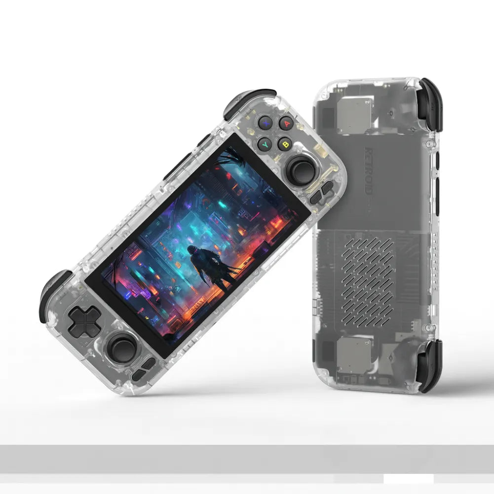 Manette de jeu Retroid Pocket 4 Pro avec écran IPS 4,7" en arrière-plan coloré, design transparent.