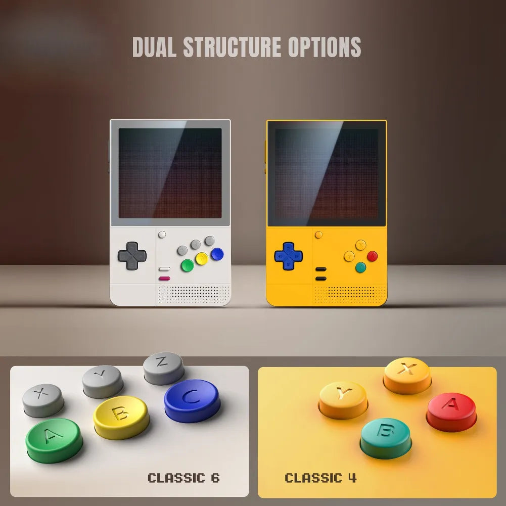 Retroid Pocket Classic - Console Android avec options de structure duale en couleurs gris et jaune.