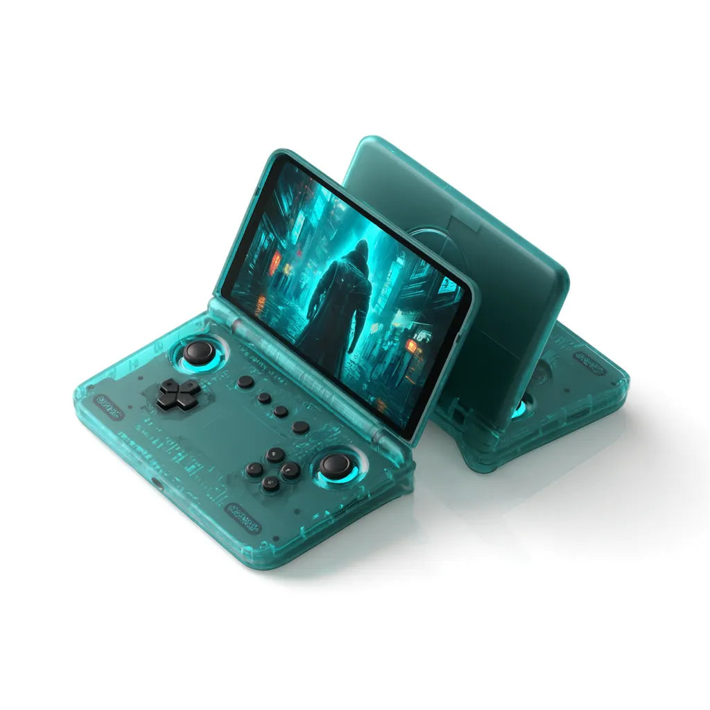 Retroid Pocket Flip 2, console portable avec écran AMOLED de 5,5'', design pliable en turquoise.