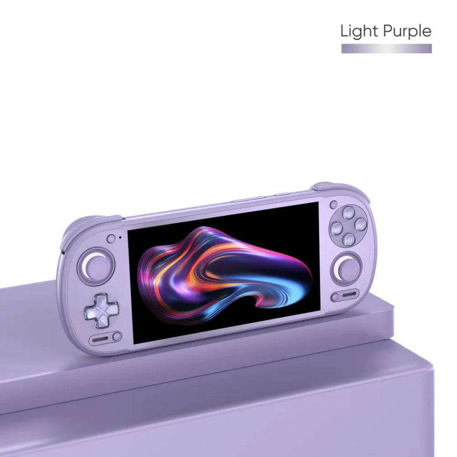 Retroid Pocket 6 violette, console portable rétro, vue de dessus avec joysticks