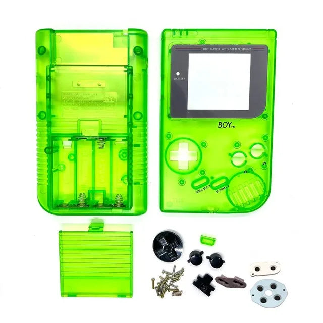 Coque complète Game Boy DMG vert transparent, façade, dos, cache-piles, boutons et pads présentés à plat