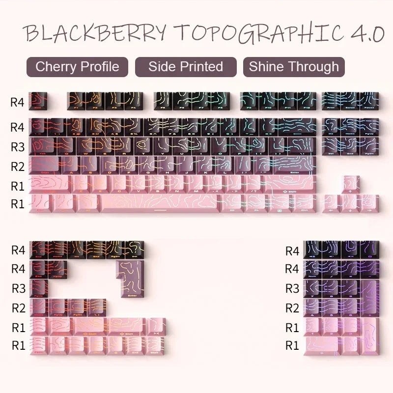 Keycaps PBT topographiques à légendes latérales pour clavier mécanique à tiges MX — Mûre / Lot de 133