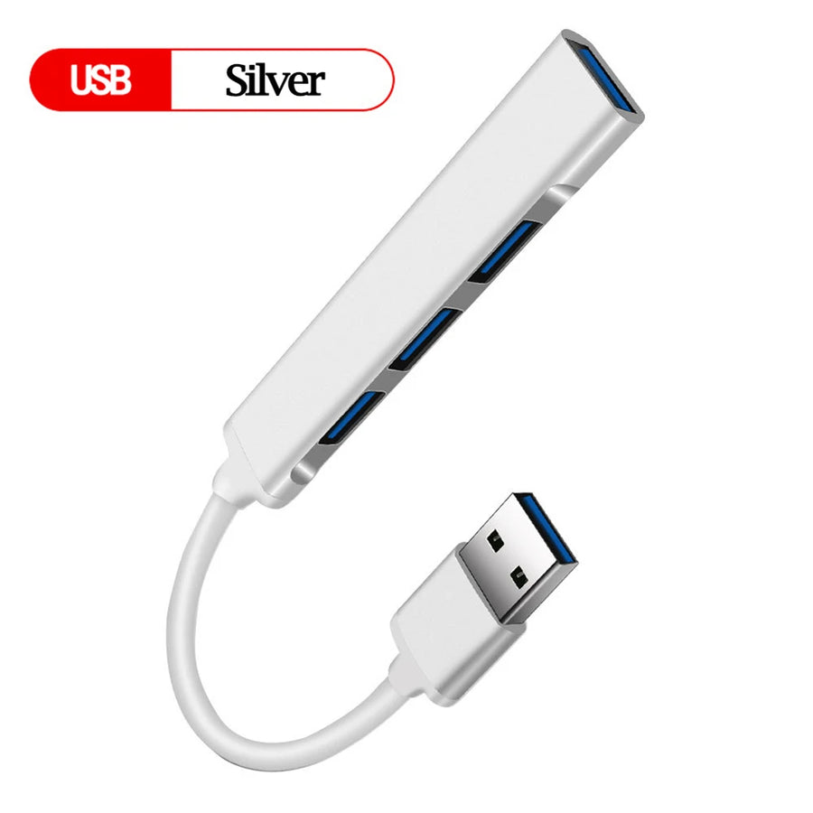 Hub USB 4 ports avec câble court, connecteur USB-A ou USB-C — USB-A argent