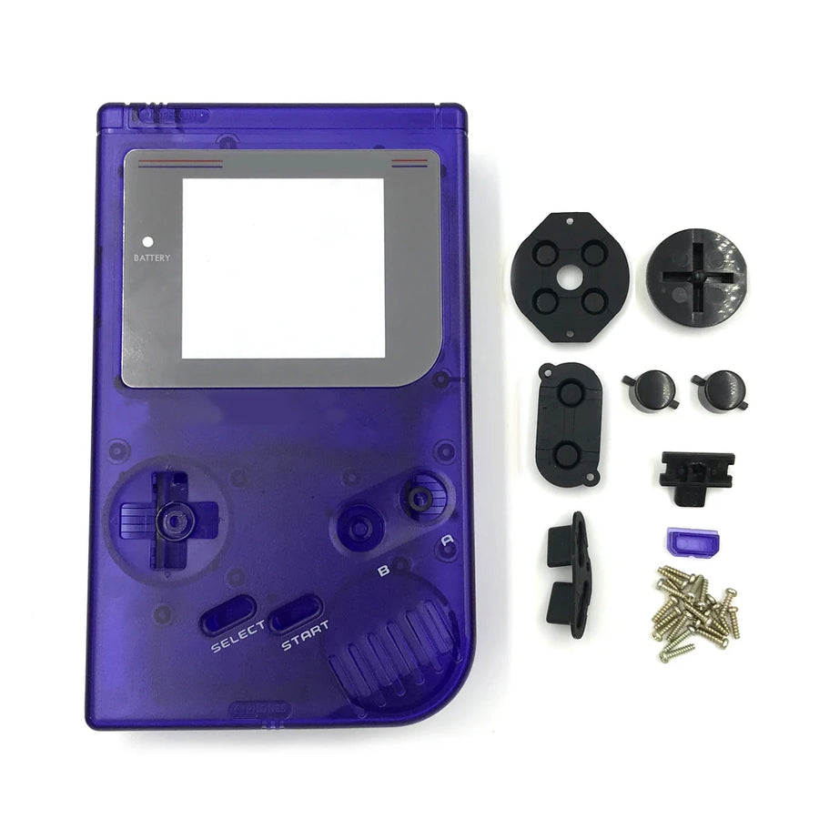 Coque complète Game Boy DMG violet transparent avec ses boutons, vis et pads caoutchouc