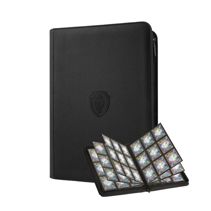 Zip 9-pocket card binder, black cover, with a page of side-loading pockets