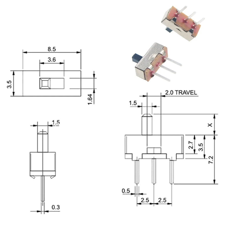 Interrupteur coulissant miniature SS12D00 1P2T à 3 broches, lot de 20 pour modding et réparation de consoles rétro — visuel 3