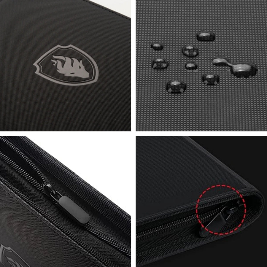 Zip binder details: embossed crest, faux leather cover, zip and reinforced corners