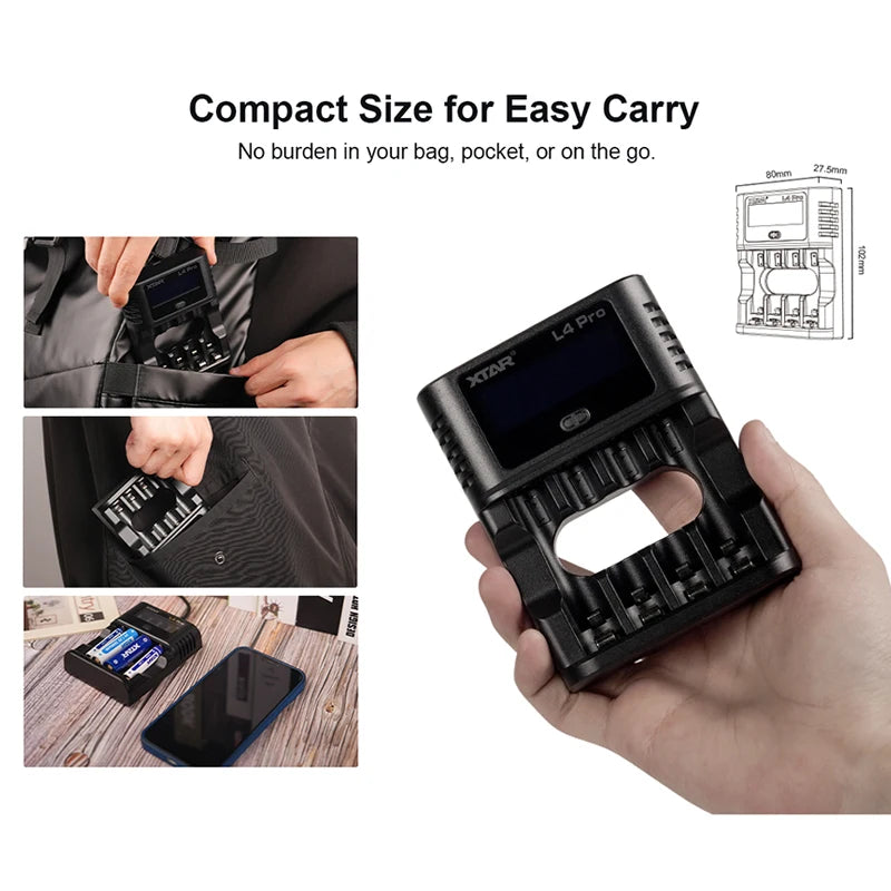 Chargeur XTAR L4 Pro tenu en main, format compact pour le sac