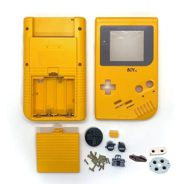 Coque complète Game Boy DMG jaune, façade, dos, cache-piles, boutons et pads présentés à plat