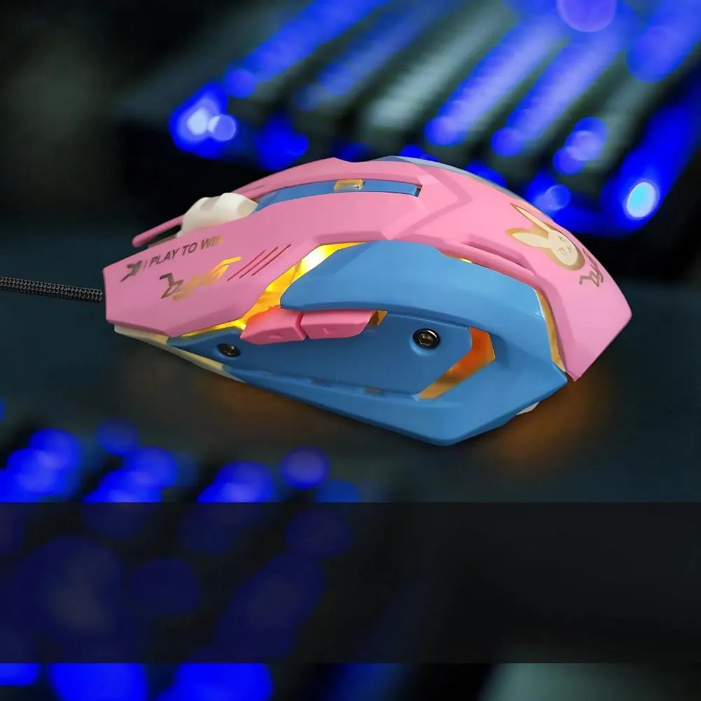 Souris Gaming Silencieuse Rose Filaire Bleu