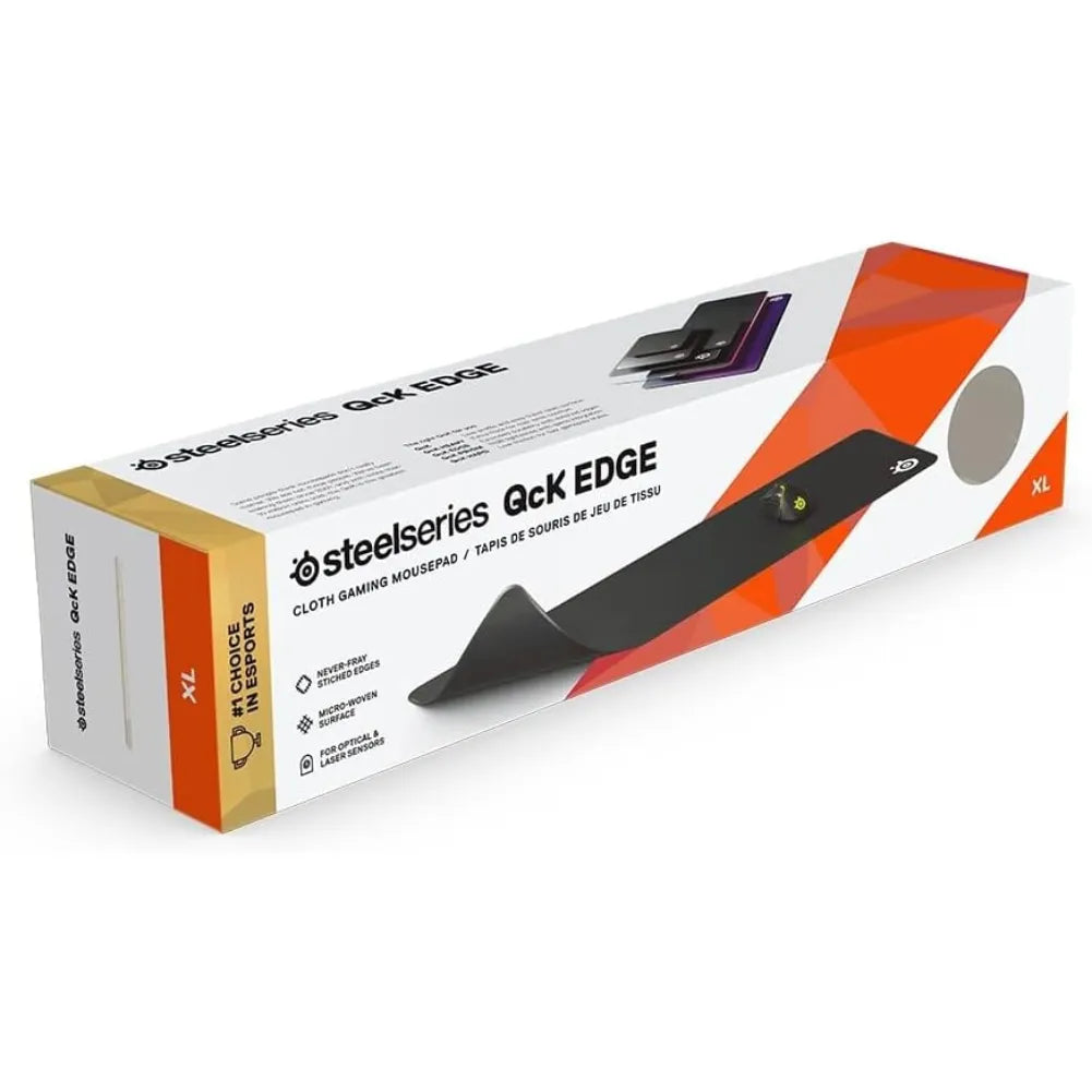 SteelSeries QcK Edge XL gaming mousepad packaging with reinforced stitching and anti-slip base.