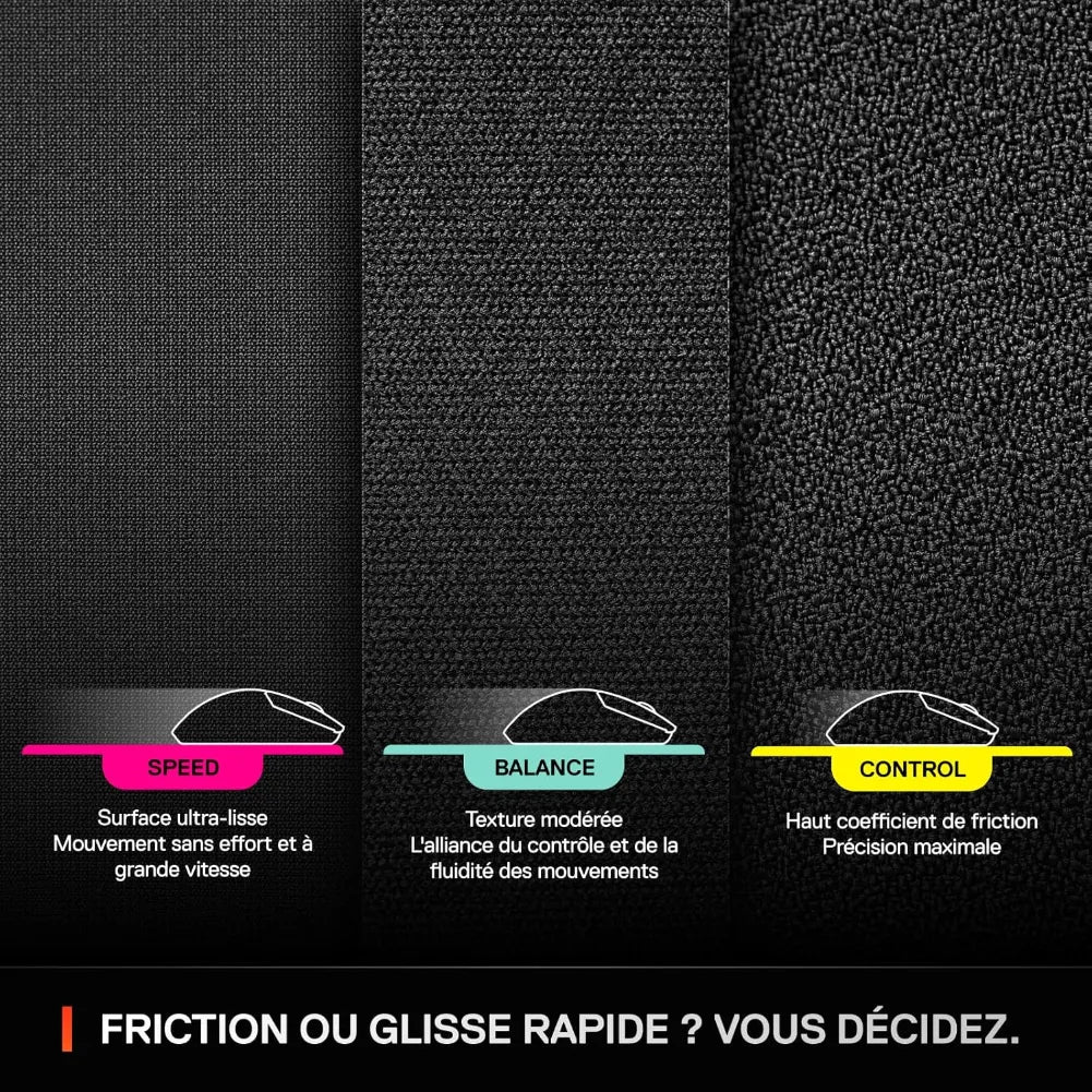Comparaison des surfaces de tapis de souris SteelSeries: Speed, Balance et Control pour différents styles de jeu.