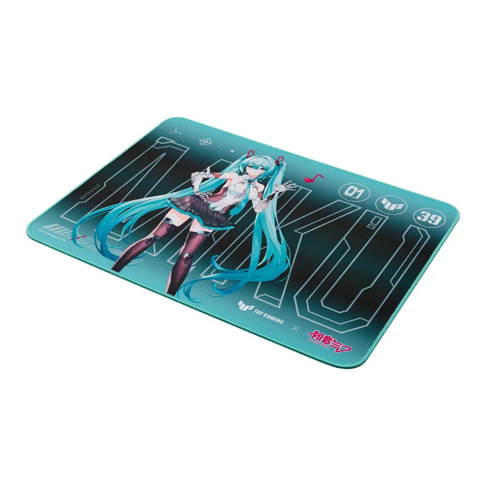 Tapis de souris TUF Gaming P1 Hatsune Miku avec design coloré et surface textile pour gamers.