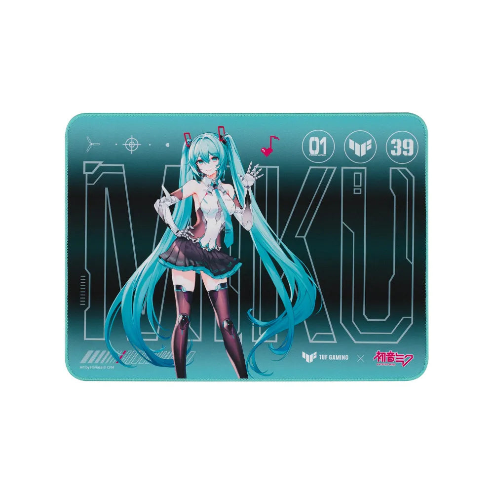 TUF Gaming P1 Hatsune Miku mouse pad featuring anime character design, sleek and colorful for gaming setups.