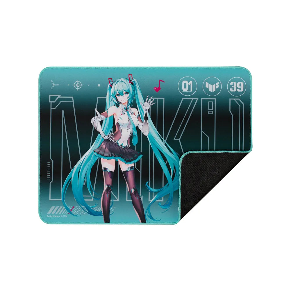 TUF Gaming P1 Hatsune Miku gaming mouse pad, 260x360mm, with anti-slip base and vibrant artwork.