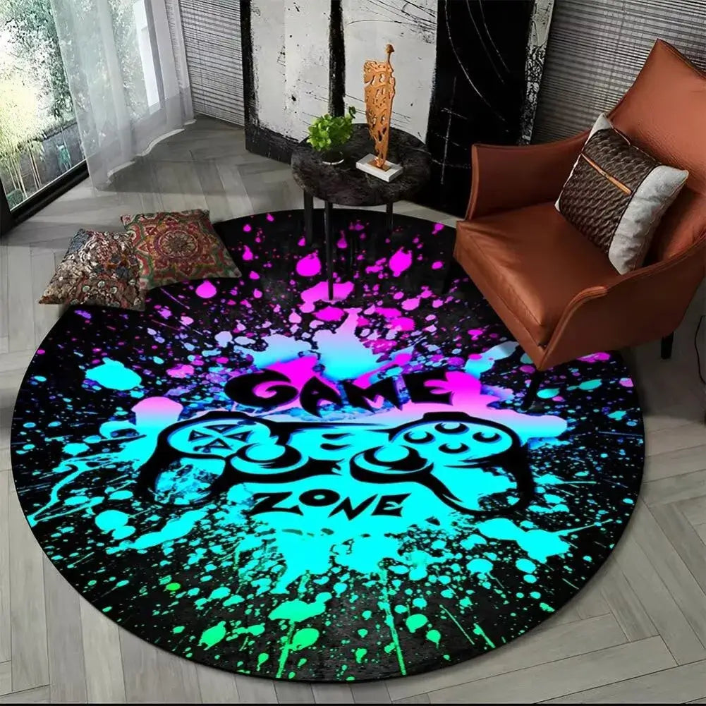 Setup gaming stylé avec tapis coloré au sol