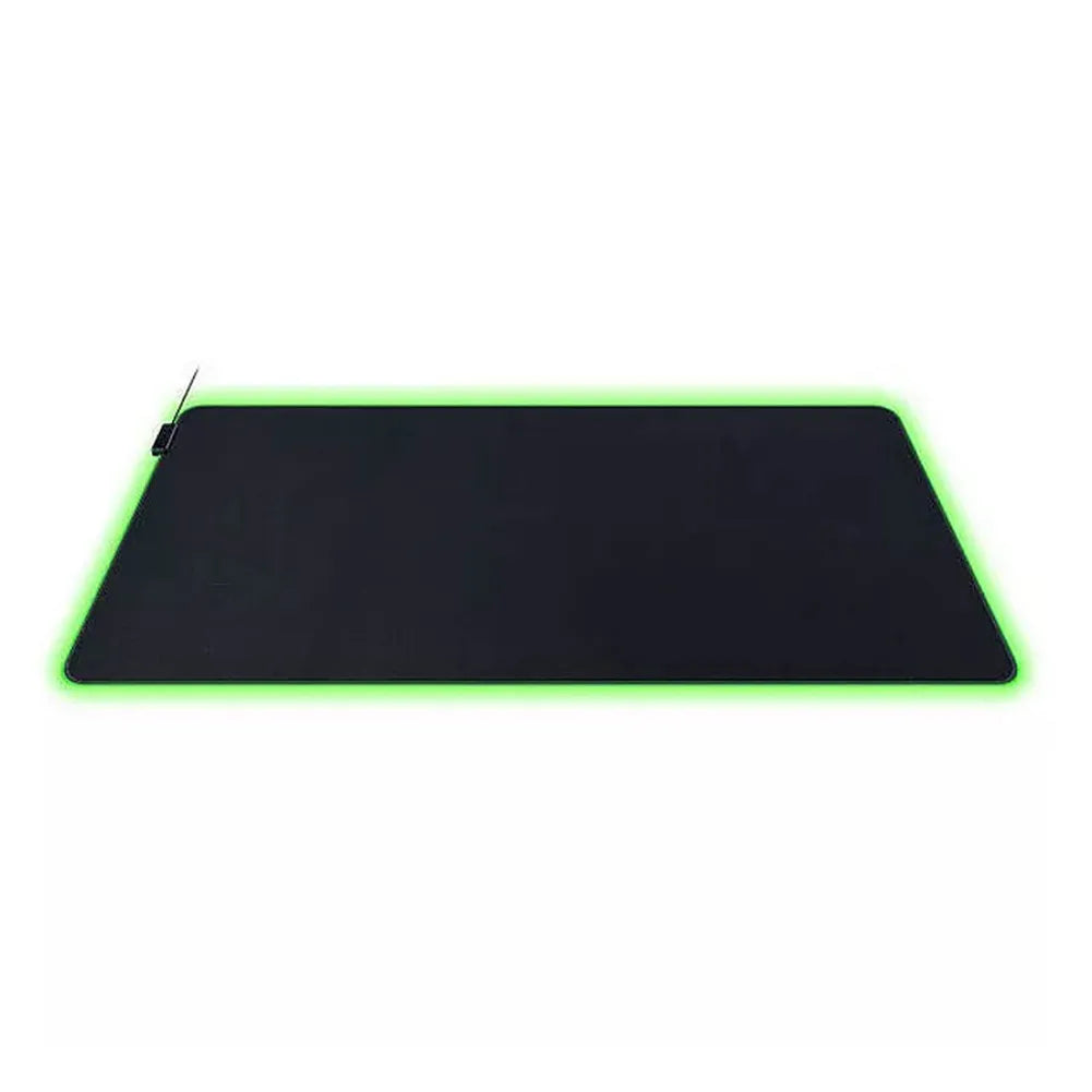 Razer Goliathus Chroma 3XL RGB gaming mouse pad with a micro-textured surface in black and green illumination.