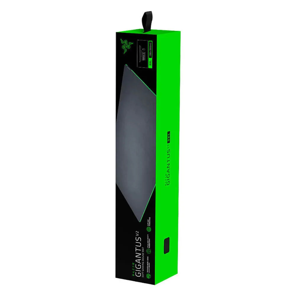 Razer Gigantus V2 3XL gaming mouse pad packaging in black and green design.