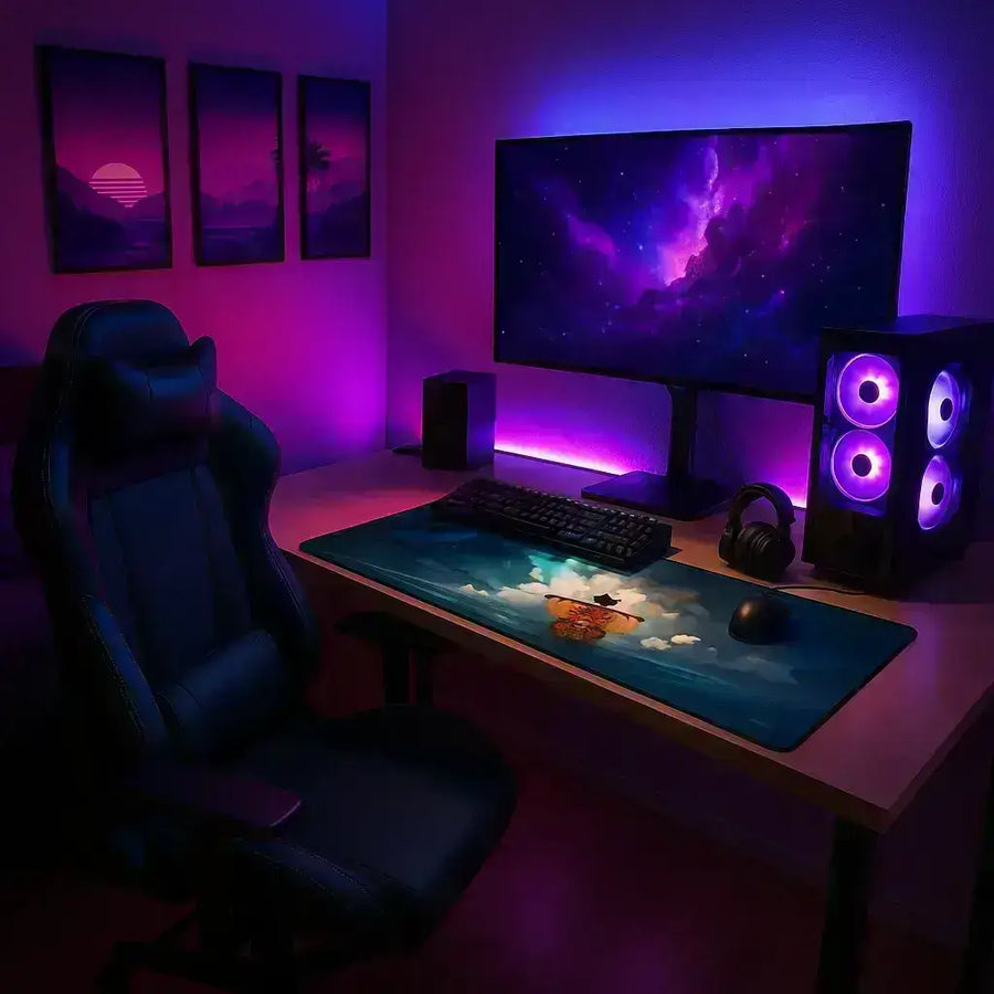 Tapis de souris XXL One Piece sur un bureau de jeu avec éclairage LED et décor moderne, idéal pour les gamers.