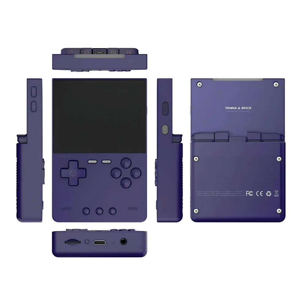 Console Trimui Brick, portable avec écran IPS 3,2'', coloris violet, vue de face et de dos.