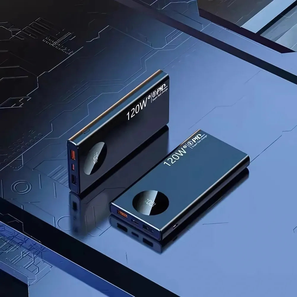 VIVO Power Bank 120W — Batterie externe USB-C Puissante vue sur fond futuriste avec deux unités.
