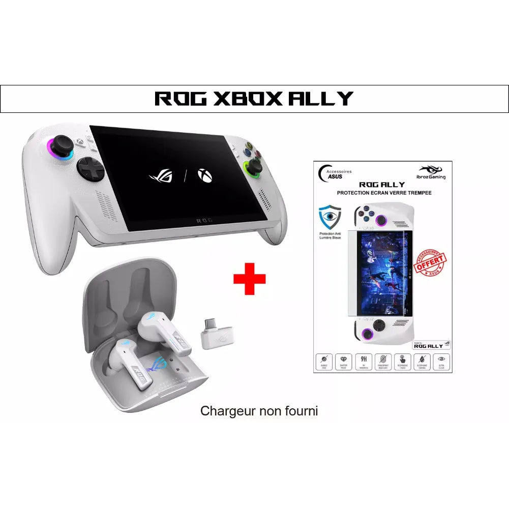 ROG Xbox Ally blanche – Console portable 7” 120 Hz VRR avec manettes et protection écran en verre trempé.
