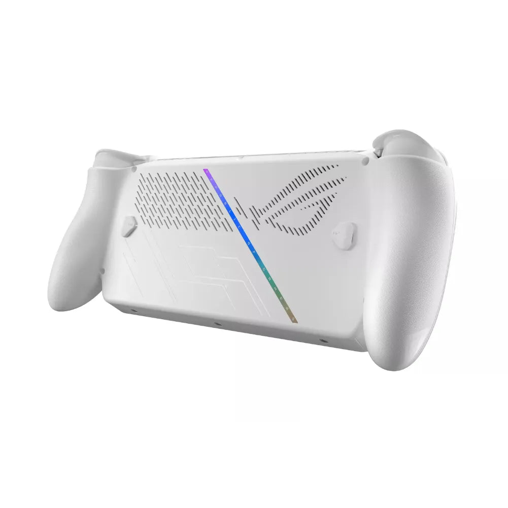 ROG Xbox Ally blanche – Console portable 7” 120 Hz VRR vue arrière avec design moderne et couleurs RGB.