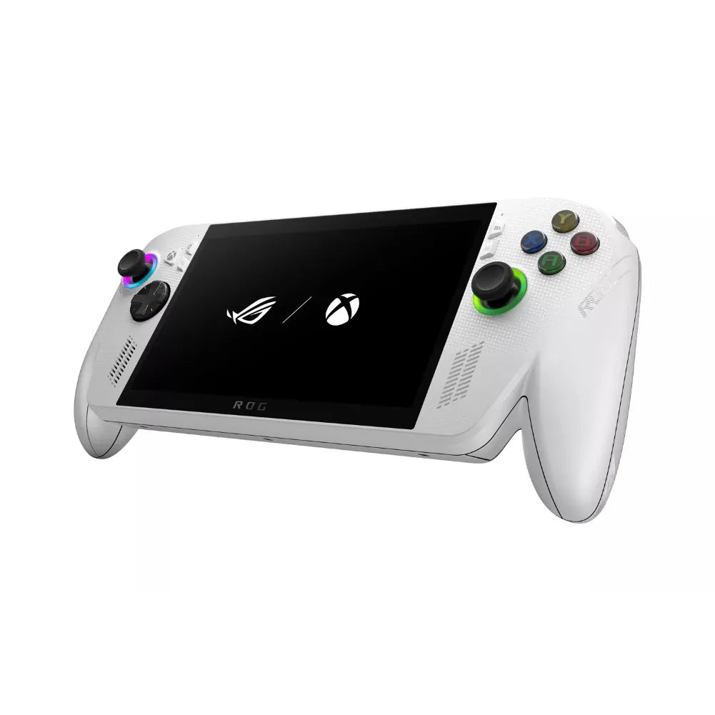 ROG Xbox Ally blanche – Console portable 7” 120 Hz VRR vue de côté avec écran et manettes colorées.