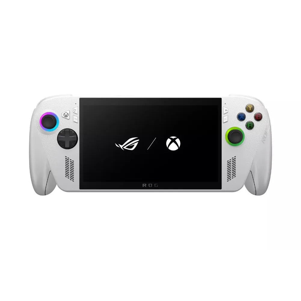 ROG Xbox Ally blanche – Console portable 7” 120 Hz VRR montrant la manette avec écran FHD et logo ROG/Xbox.