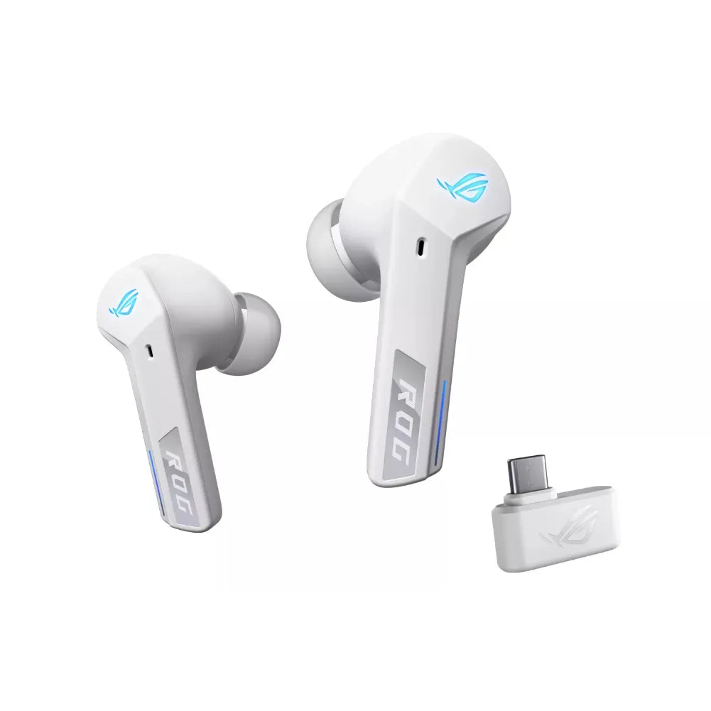 ROG Xbox Ally blanche – Console portable 7” 120 Hz VRR et écouteurs sans fil blancs avec adaptateur.